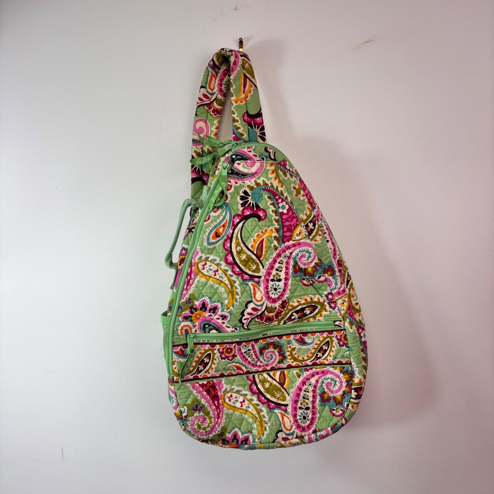 Vera Bradley Green Pink Paisley Quilted Sling Backpack Crossbody Bag
